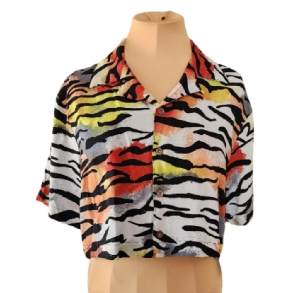 Ed‎ Hardy Premier Cropped Shirt Women's Large Bold Tiger Stripe Rainbow Print